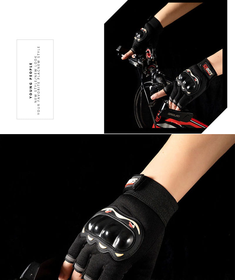 Herren- Motorrad-Taktik-Handschuhe mit halben Fingern in Schwarz mit roten und weißen Akzenten, die gepolsterten Knöchelschutz auf der Rückseite zeigen.