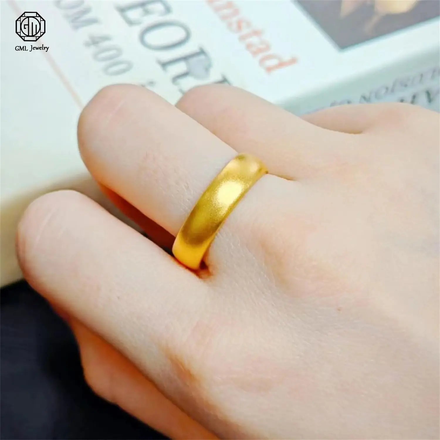 A sleek solid gold sand gold adjustable ring with a matte wide band and a fade resistant polished finish designed for unisex wear.