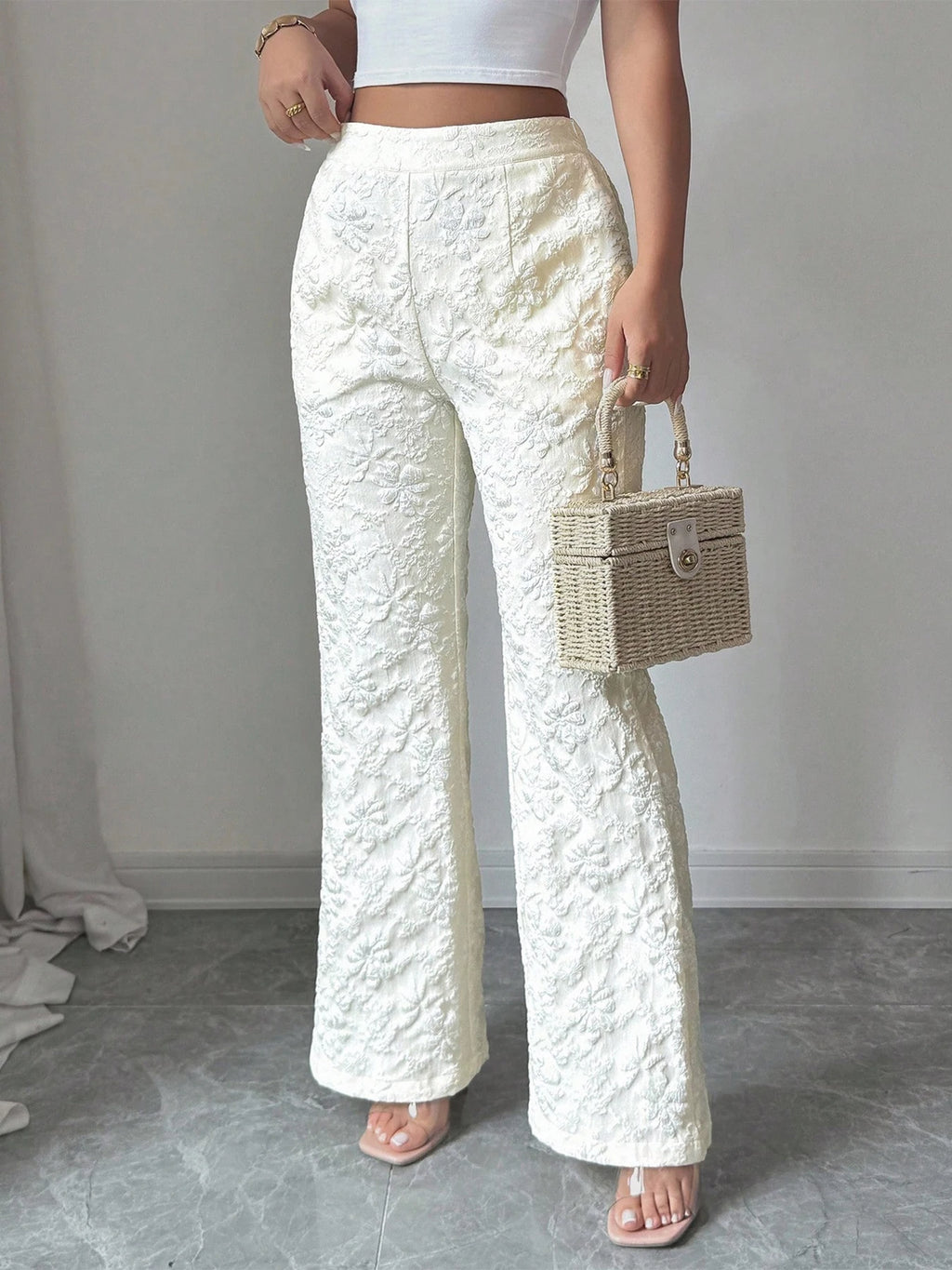 Women Wide Leg Pants Elegant Jacquard High Waisted Pants Elastic Loose Solid Color Casual Pants, for Daily Holiday Street Wear