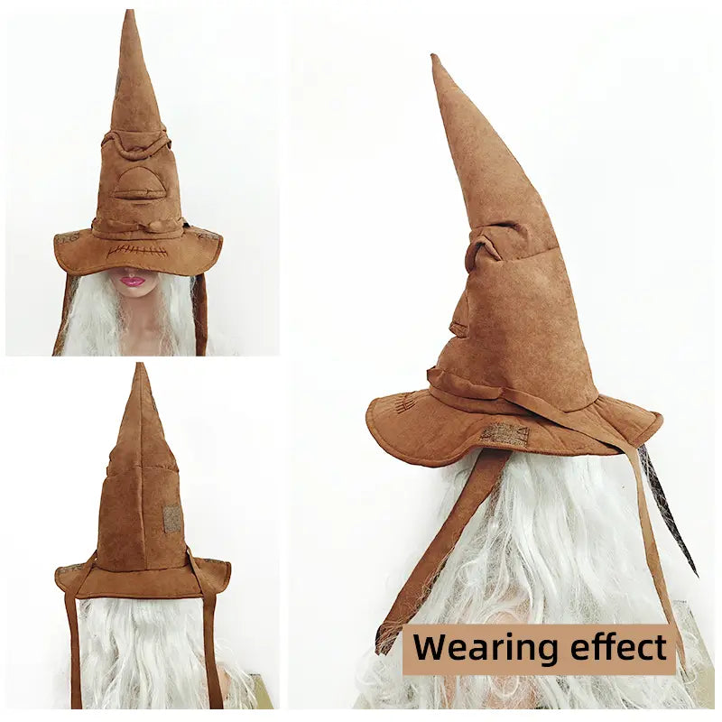 Sombrero de bruja de ante marrón para disfraces de Halloween con parte superior puntiaguda, ala ancha y correas ajustables para un ajuste seguro.