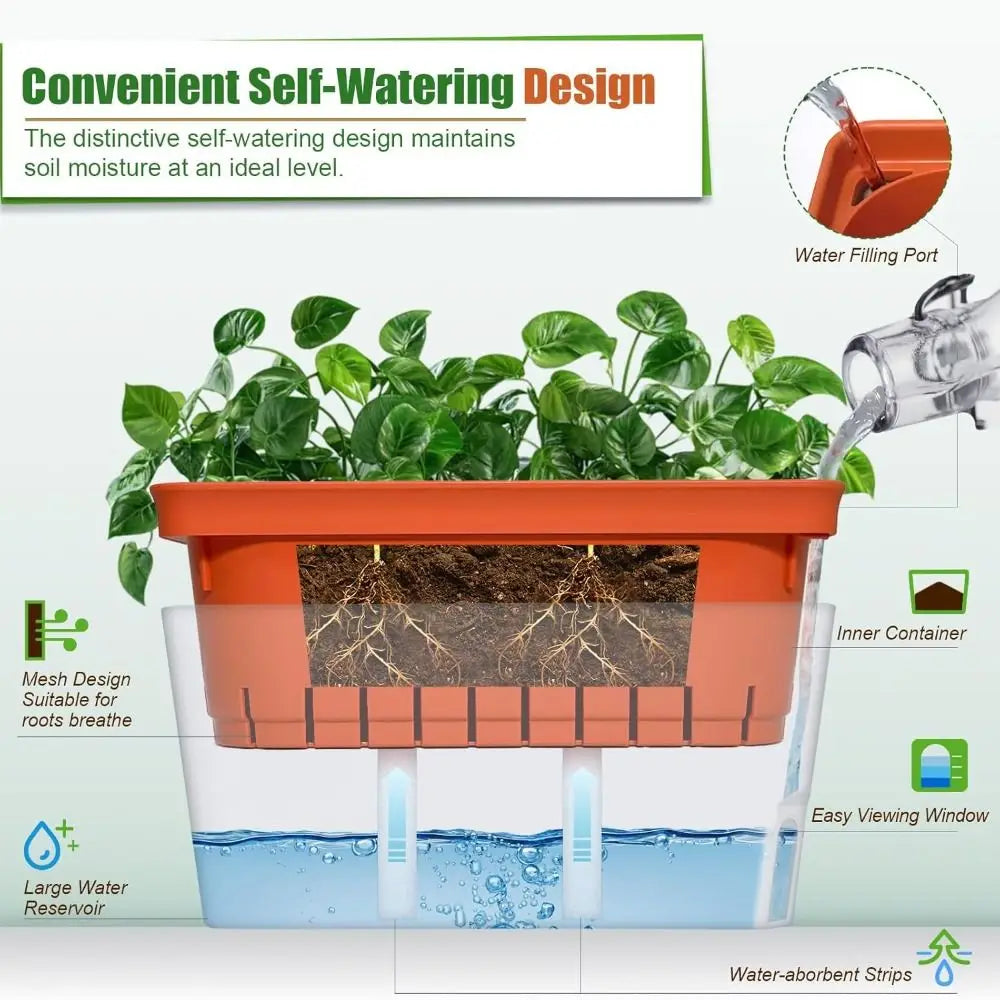 Jardinière auto-arrosante orange pour plantes d’intérieur, avec fenêtre de niveau d’eau transparente et conteneur intérieur en maille pour la respiration des racines.