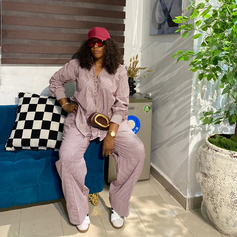 Chic Striped Matching Set Women Long Sleeve Shirt Drawstring Waist Wide Leg Pants African Street Holiday Comfort Two Piece Suit
