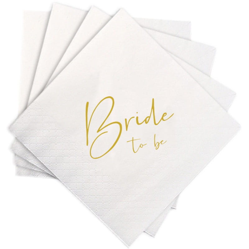 servilletas de papel blancas con la frase para la novia para imprimir en un elegante guion metalizado en oro para uso en bodas, paquete de 50