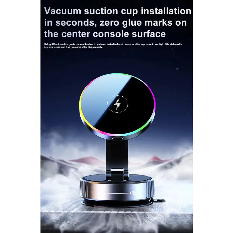 A sleek circular black magnetic wireless car charger and phone mount with a rainbow LED ring and white lightning bolt symbol on the surface.