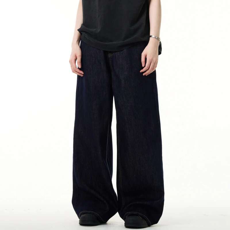 Iefb men black vintage wide leg jeans feature black wide-leg denim pants with a relaxed straight-cut silhouette.