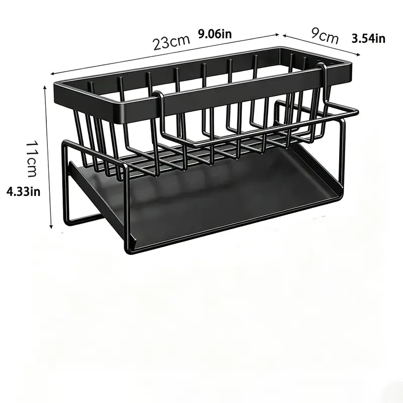Porte-évier en métal noir pour accessoires de cuisine avec support à éponge et grille à vaisselle en fil, plateau à fond plat et crochet suspendu.