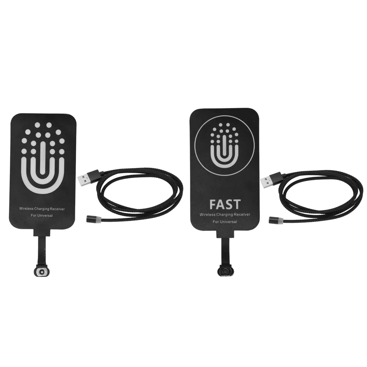 Receptor de carga inalámbrica negro con icono de huella digital plateado e incluso cable USB etiquetado como fast para uso universal compatible con interfaz inalámbrica de carga tipo c para teléfono móvil.