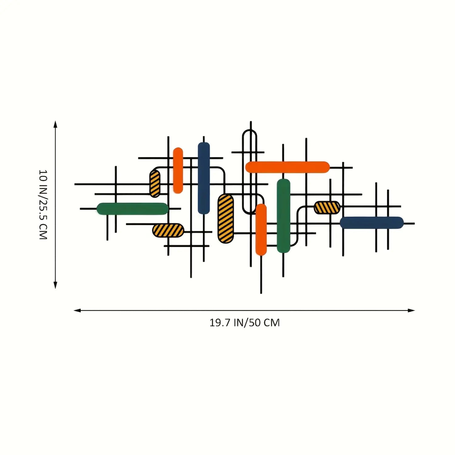 Modern abstract colorful geometric metal wall art featuring rectangular rods in orange, green, and navy blue with striped accents for vibrant wall decor.