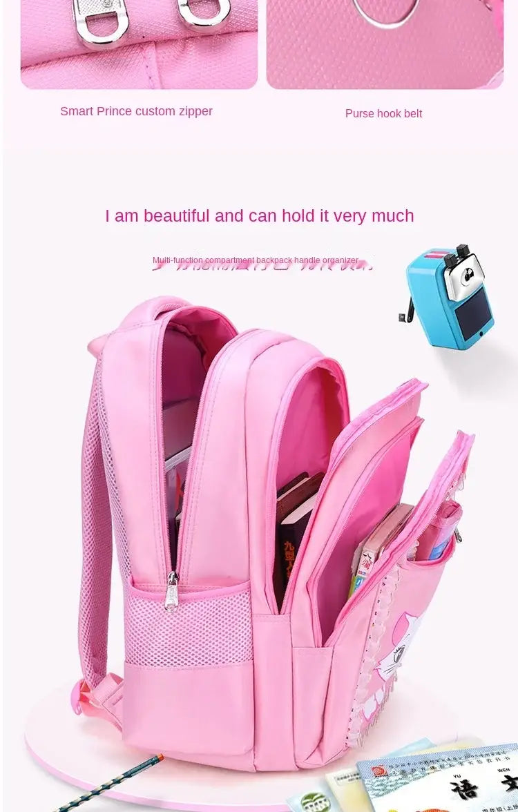 Rosa Katzen-Schulrucksack-Set für Mädchen mit einem rosa Hello-Kitty-Design mit Mesh-Einsätzen und silberfarbenen Reißverschlüssen.