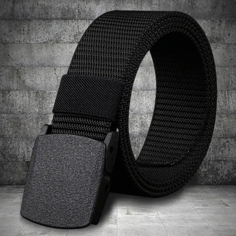 mens tactical canvas belt lightweight automatic buckle in black with tactical webbing and a textured gray plastic buckle