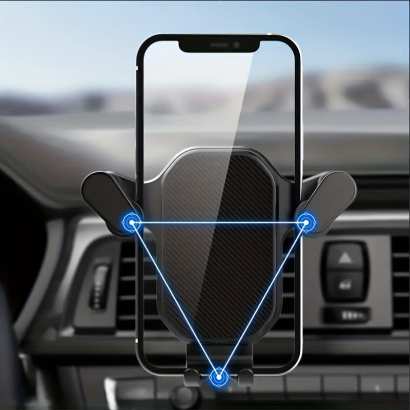Black carbon fiber-textured car air vent phone mount with adjustable arms holding a smartphone universal cell stand.
