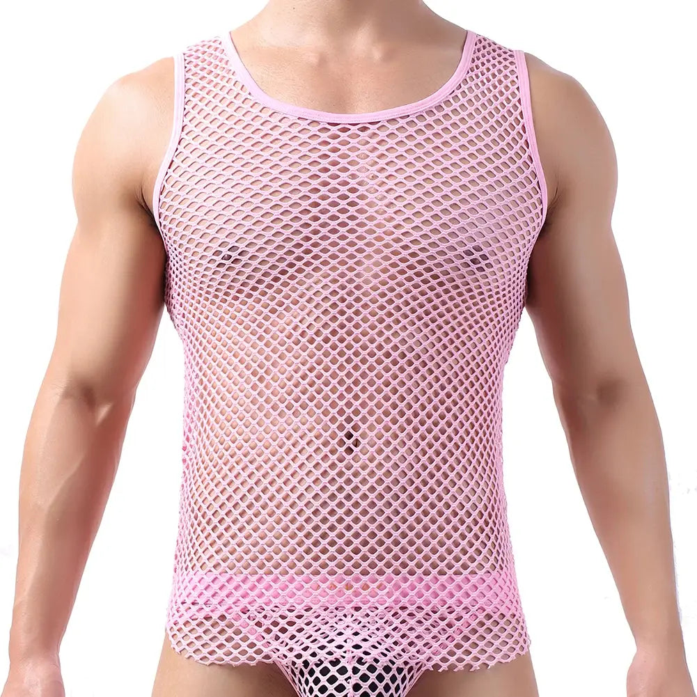 Camiseta interior tipo malla rosa para hombre con diseño transpirable sin mangas, escote redondeado y bajo con elástico.