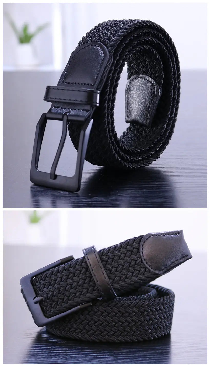 Ceinture tactique élastique en toile pour homme à tissage noir, avec boucle à épingle en métal noir mat et finitions en cuir.