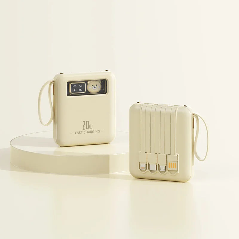 Portable 20W Power Bank Built-in 4 Cables Digital Display Mini External Battery with Lanyard Travel Charger for IPhone Huawei