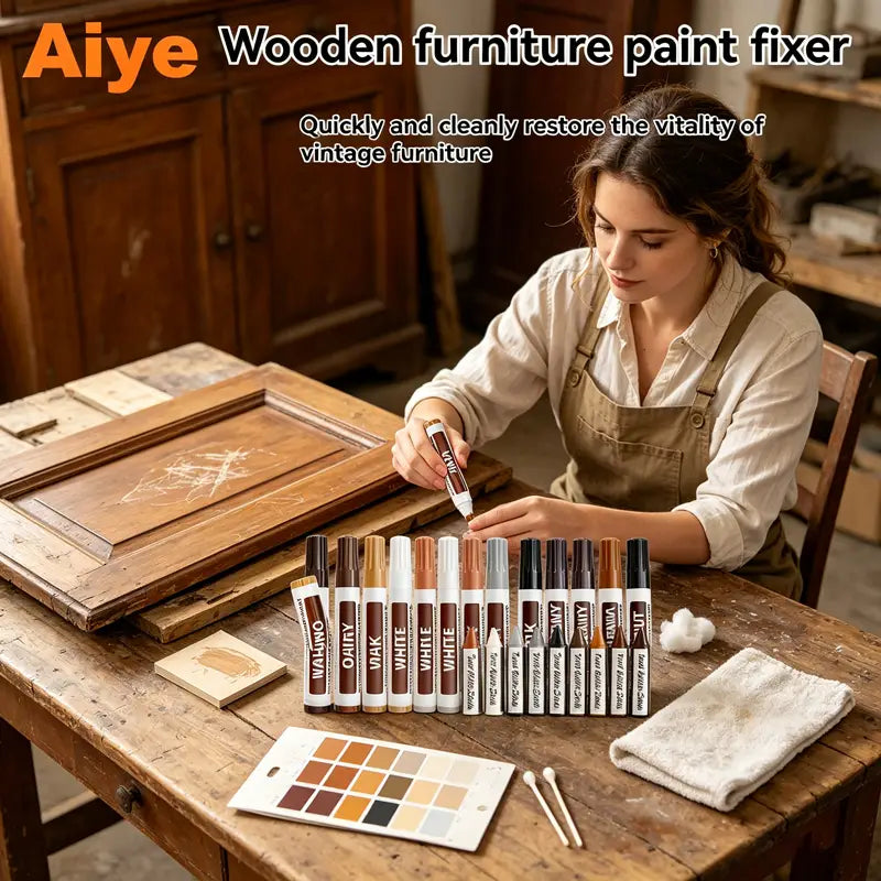 ein Set von aiye Holzreparatur-Markern für Möbel und Schablonenfüllerstiften in verschiedenen erdigen Farbtönen, angeordnet mit einer Farbpalette und Wattestäbchen zur präzisen Wiederherstellung von Holzoberflächen