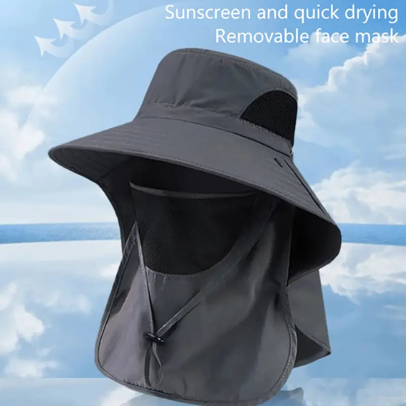 Chapeau de protection solaire gris, à rabat pour la nuque, muni d’un masque facial amovible, en tissu léger et en maille respirante, pour une protection contre le soleil.