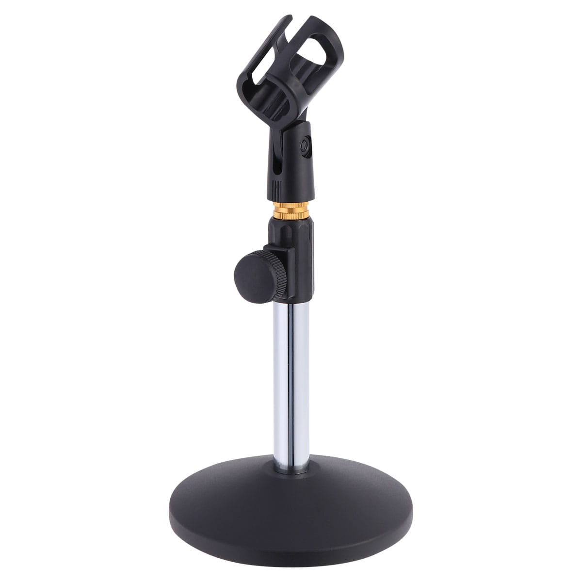 Support de micro de bureau réglable pour montage sur table en noir et argent, doté d’un collier de réglage de couleur dorée conçu pour une utilisation stable sur table.