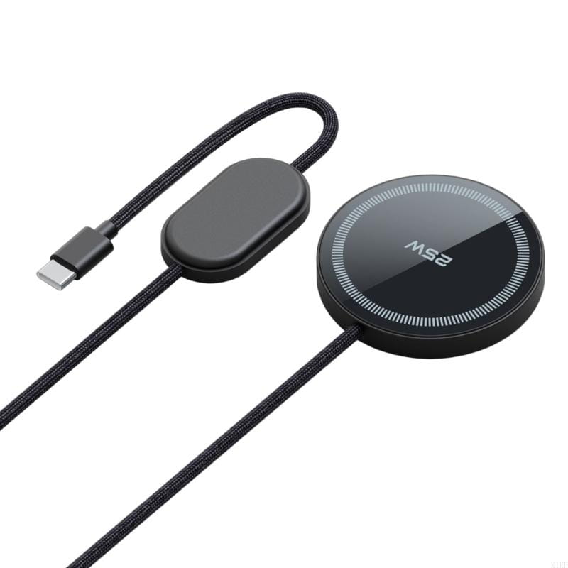 Black circular 25w fast wireless charging pad for phones with a glossy surface featuring the ms2 logo, braided cable, and usb-c connector.
