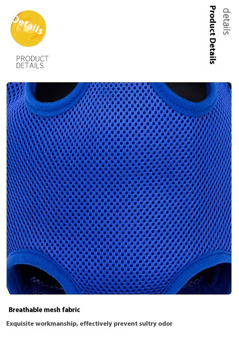 mochila transportadora para perro con malla transpirable azul y forro interior negro, diseñada como bolsa de malla frontal para viajes con mascotas pequeñas