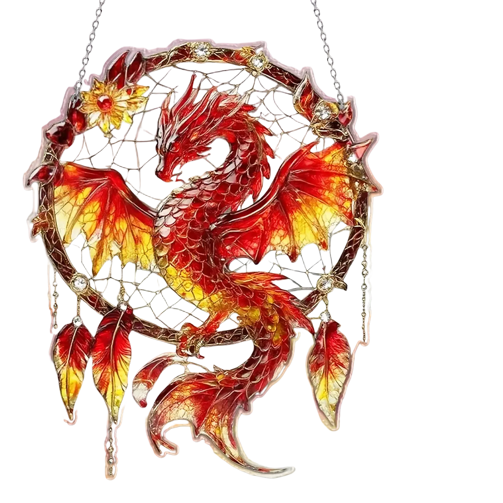 Un atrapasueños acrílico vibrante de dragón rojo y dorado, con detalles de esmalte intrincados y plumas colgantes y gemas, visto de frente.