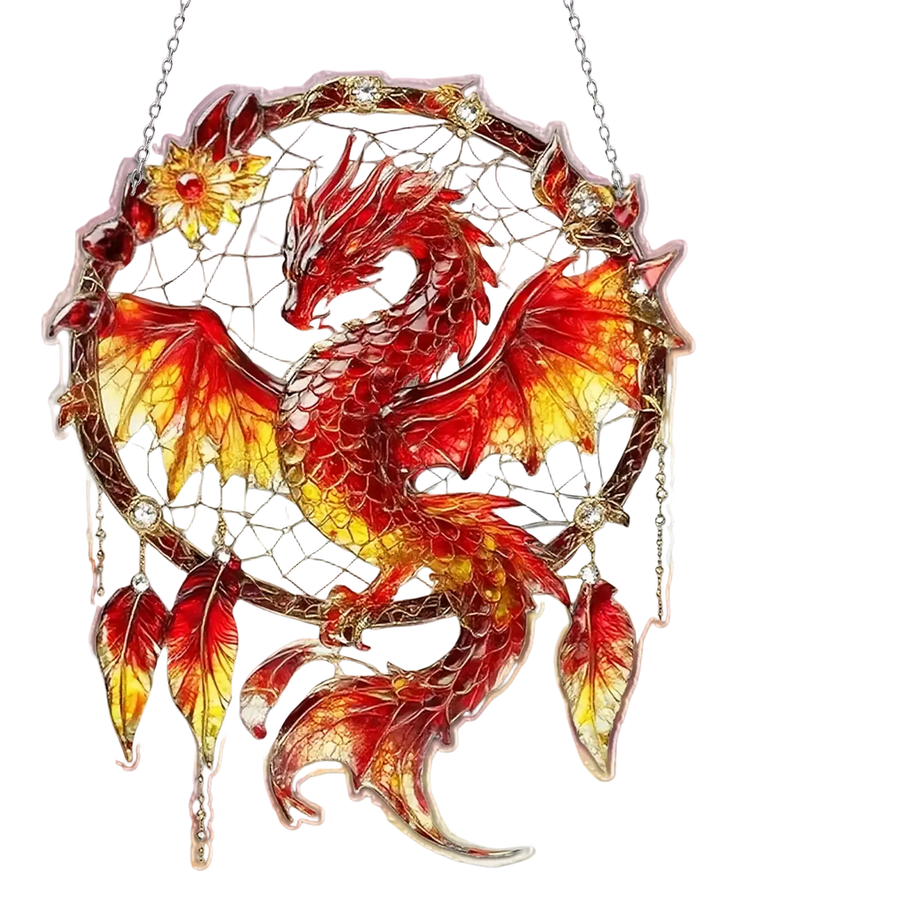 A vibrant red and gold 2D dragon dream catcher with enamel detailing and dangling feathers shown from the front