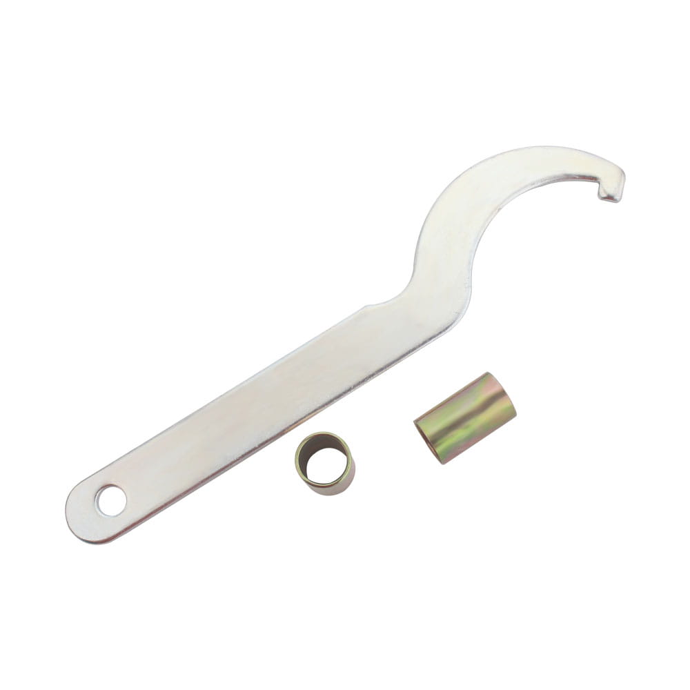 silver metal bicycle wheel wrench with curved handle and two cylindrical components shown alongside 360mm universal black motorcycle rear shock absorbers pair