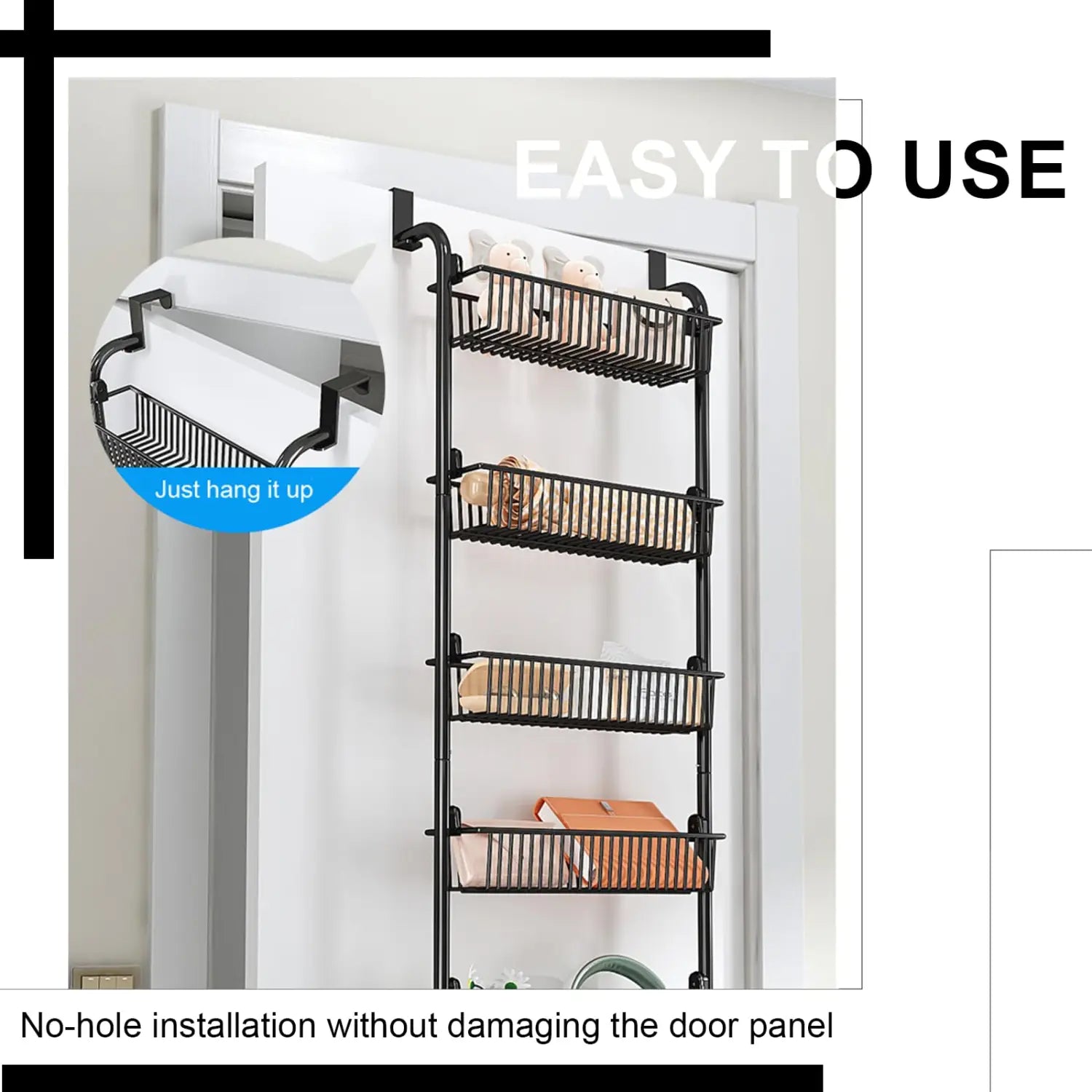 Organisateur de porte en métal noir avec quatre étagères en treillis métallique, conçu pour le rangement suspendu sur la porte et pour les jouets de rangement suspendu.