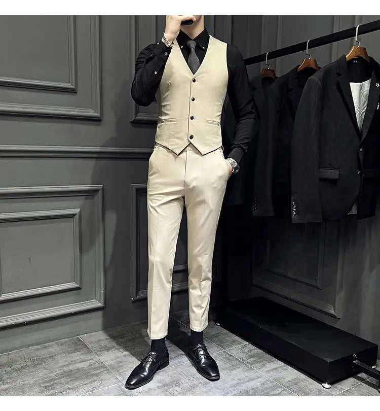 Ensemble de costume slim fit beige pour homme, avec gilet et pantalon assortis, coupe sur mesure épurée et 9 pantalons courts à la cheville, avec un type de fermeture par boutons.