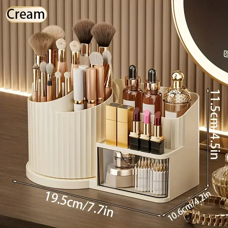 Cream-colored ribbed plastic makeup organizer with rotating brush holder compartment and tiered large capacity skincare storage for lipsticks perfumes and small cosmetics.