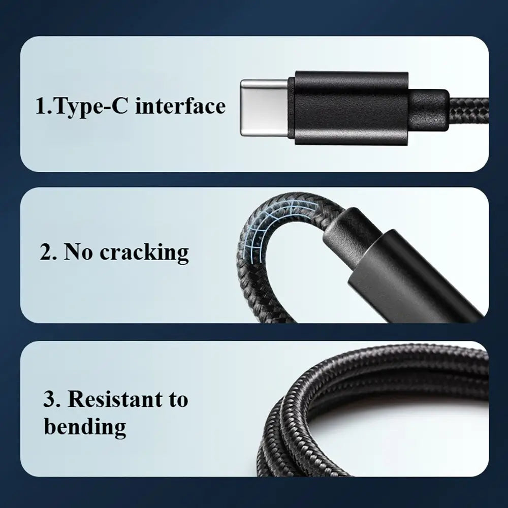 Black braided USB-C fast charging cable with durable and flexible design for efficient power transfer.
