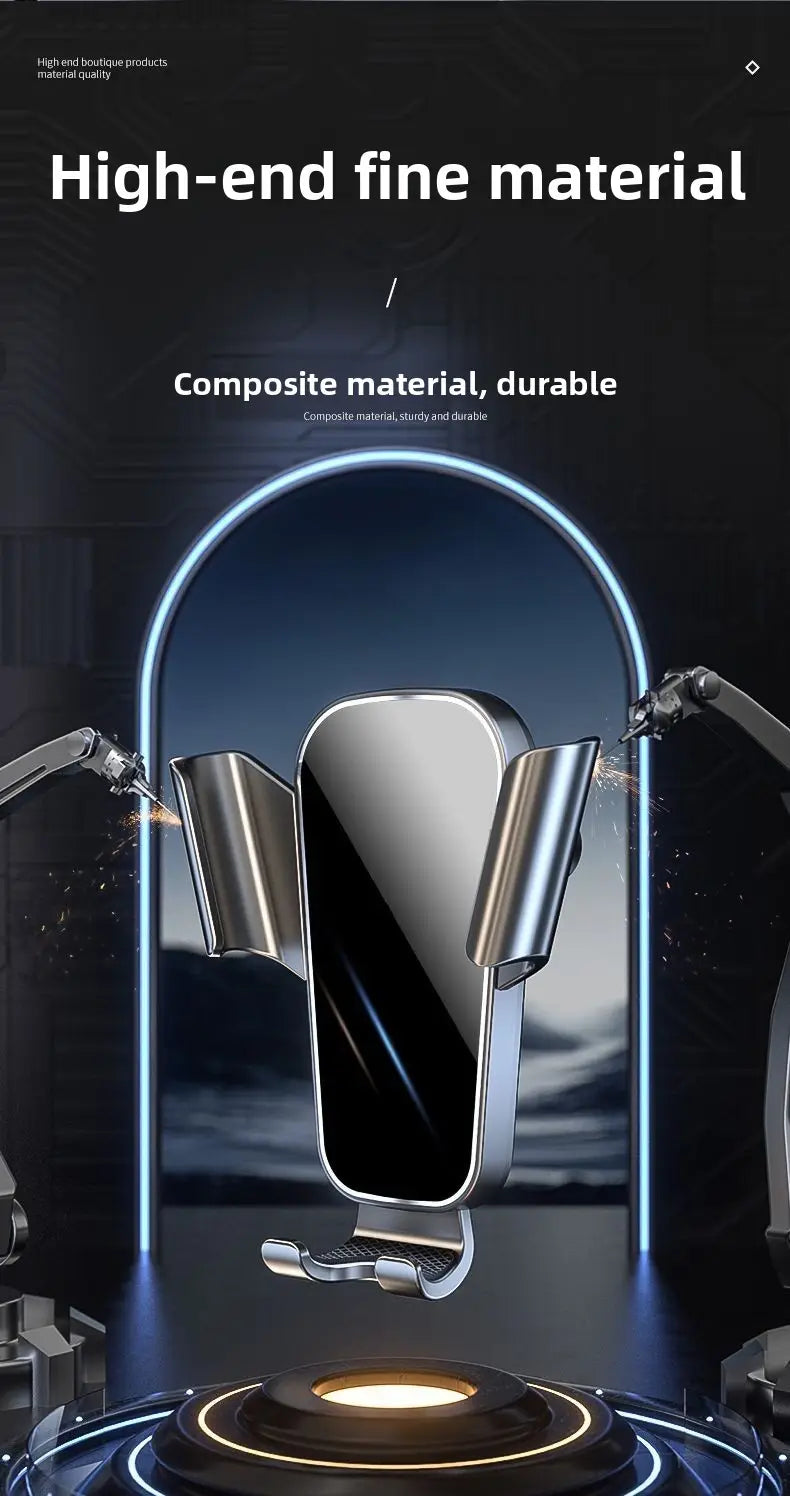 Silver metallic gravity car phone holder air vent mount with sleek modern design and composite material construction.