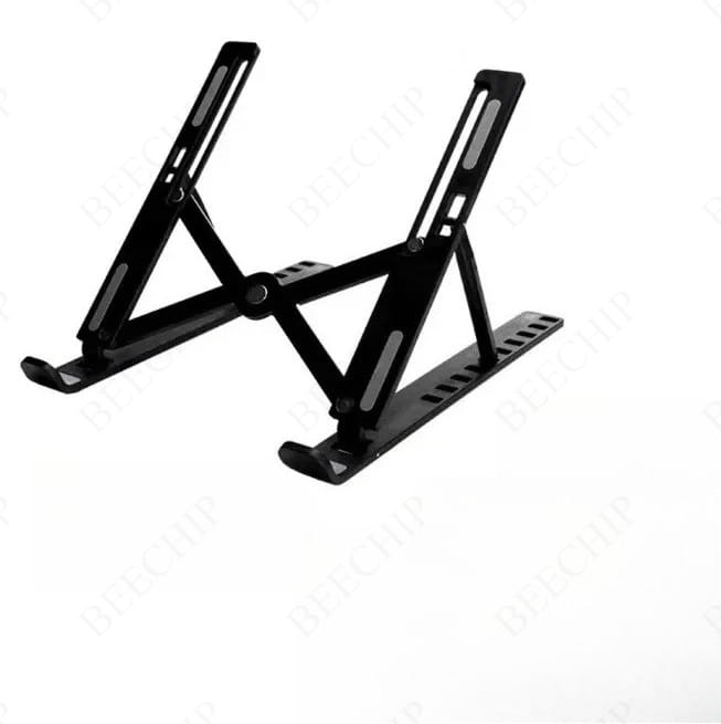 Black metal foldable aluminum laptop stand with adjustable height and angle for ergonomic use.