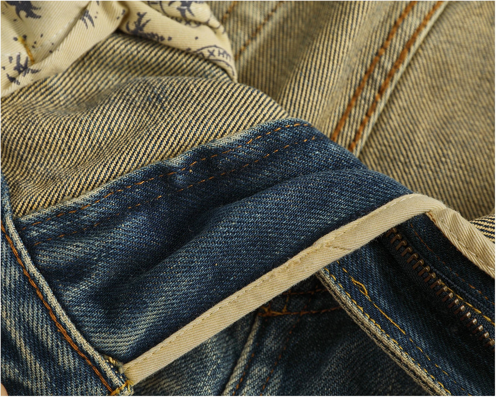 High Quality Heavyweight Denim Pants Men's High Street Trendy Patch-Distressed Whiskering Artisan Washed Tapered Straight Jeans