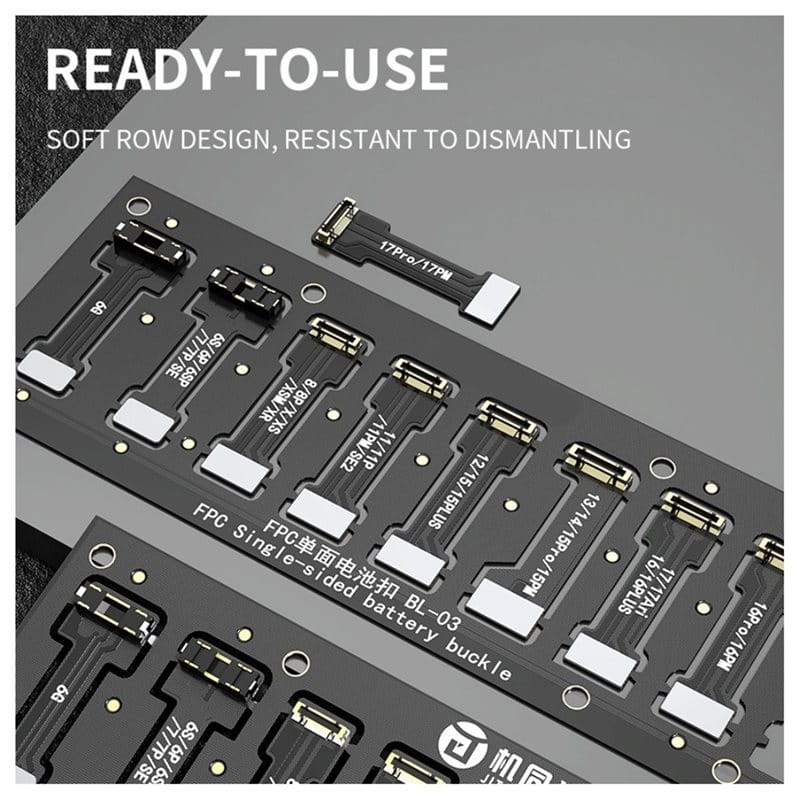 Black plastic single-sided battery connector fpc with white rectangular connectors and gold-colored metal contacts compatible with iphone 17pro and 17pm models for battery replacement and tracking number verification at local post office.