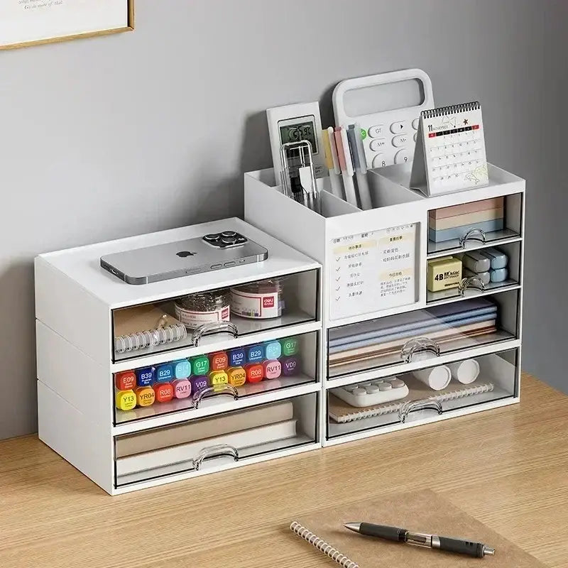 White plastic desk organizer with clear drawers and multiple compartments for stationery electronics and office supplies.