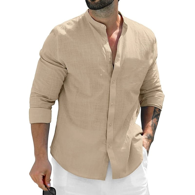 Chemise en lin beige pour homme, col mandarin et manches retroussées, pour un port décontracté