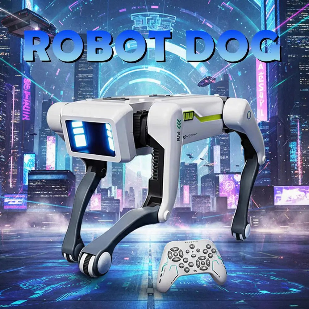 対話型の音声操作ロボット犬用スマート玩具として、発光する青色のLEDの目と洗練された未来的デザインを備えた、白色と黒色のロボット犬（模擬ロボット犬）。
