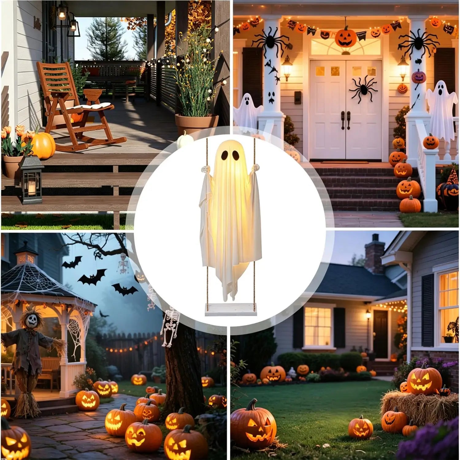 una decoración de fantasma colgante oscilante iluminada y blanca con un cuerpo de tela translúcida en movimiento y recortes negros para los ojos, diseñada para uso exterior en Halloween