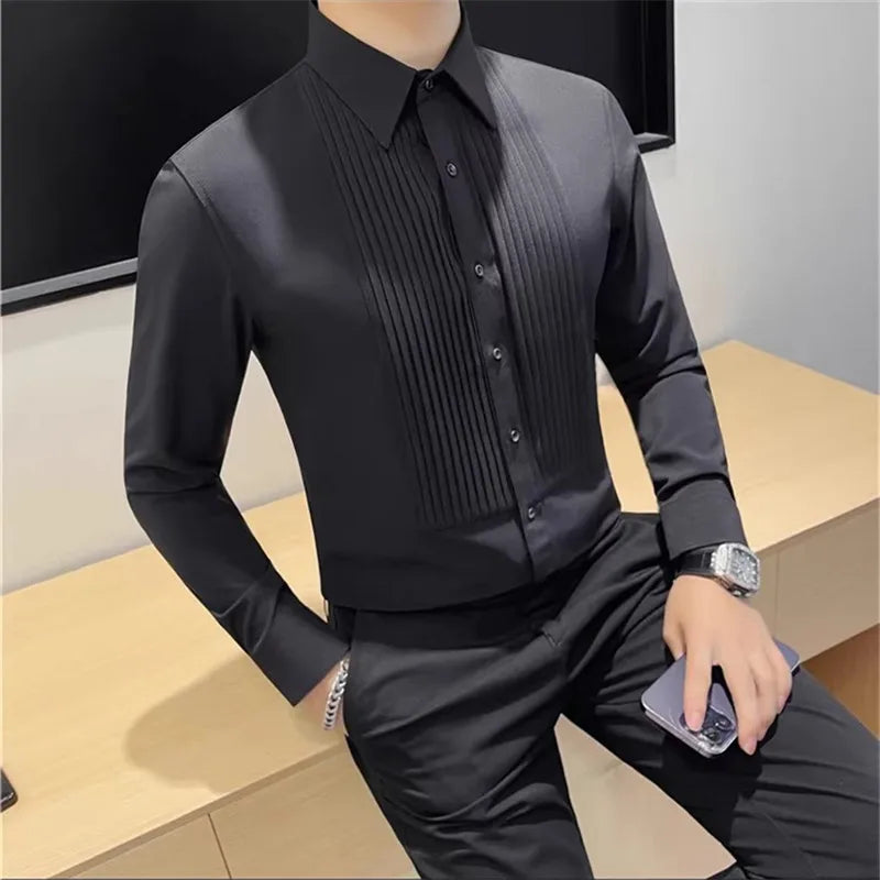 High Quality Long Sleeve Shirt Men Pleated Fold Tuxedo Shirt Mens Solid Color Smart Casual Slim Fit Formal Wedding Dress Blouses