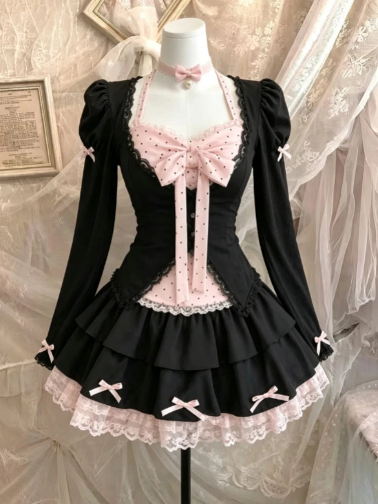Women Casual 2 Piece Outfit Crop Top Blouse + Mini Skirt Japanese Kawaii Y2K American Retro Korean Fashion Matching Skirt Sets