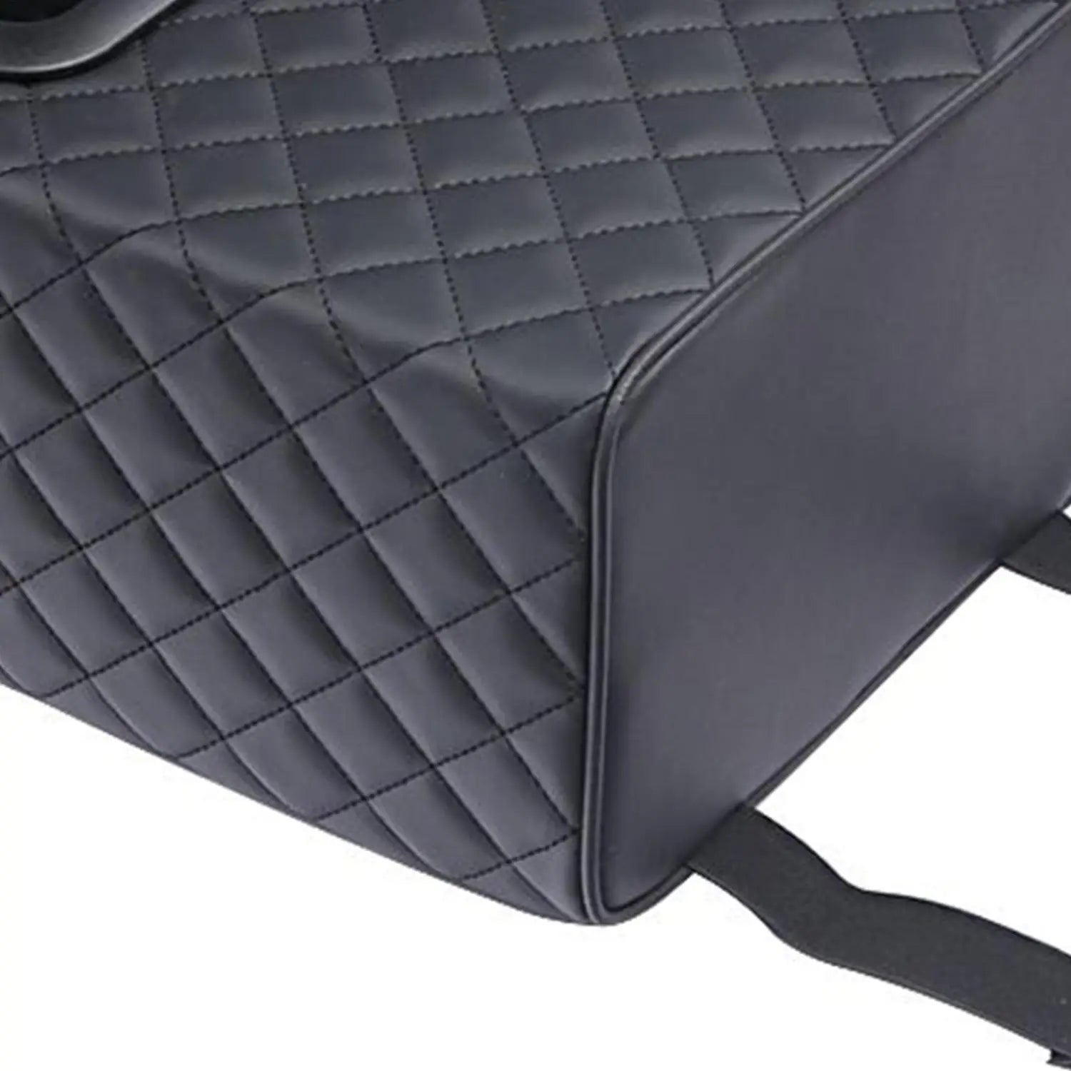 Organizador negro acolchado de cuero sintético para consola de automóvil con espuma viscoelástica y patrón de rombos con costura, además de portavasos