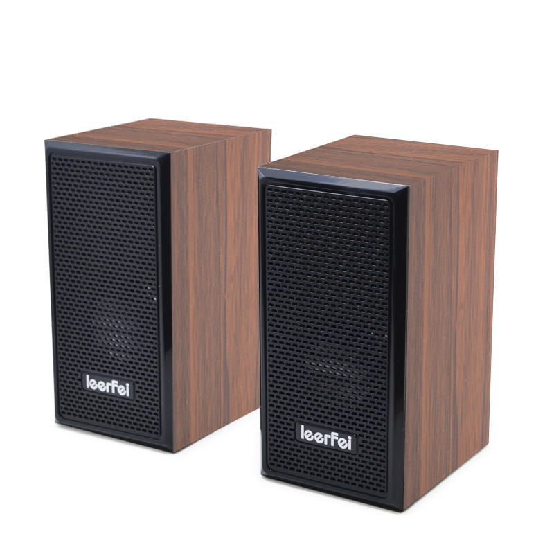 Pair of sleek wooden-finish usb computer bookshelf speakers with black mesh grilles and leerfel branding designed for surround sound stereo use.