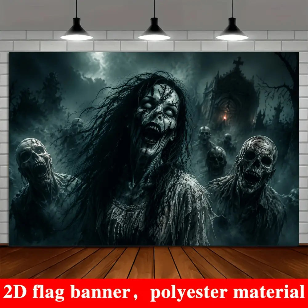 Halloween zombie-themed background, suitable for theme parties, escape room setups, studio decorations, and outdoor gatherings.