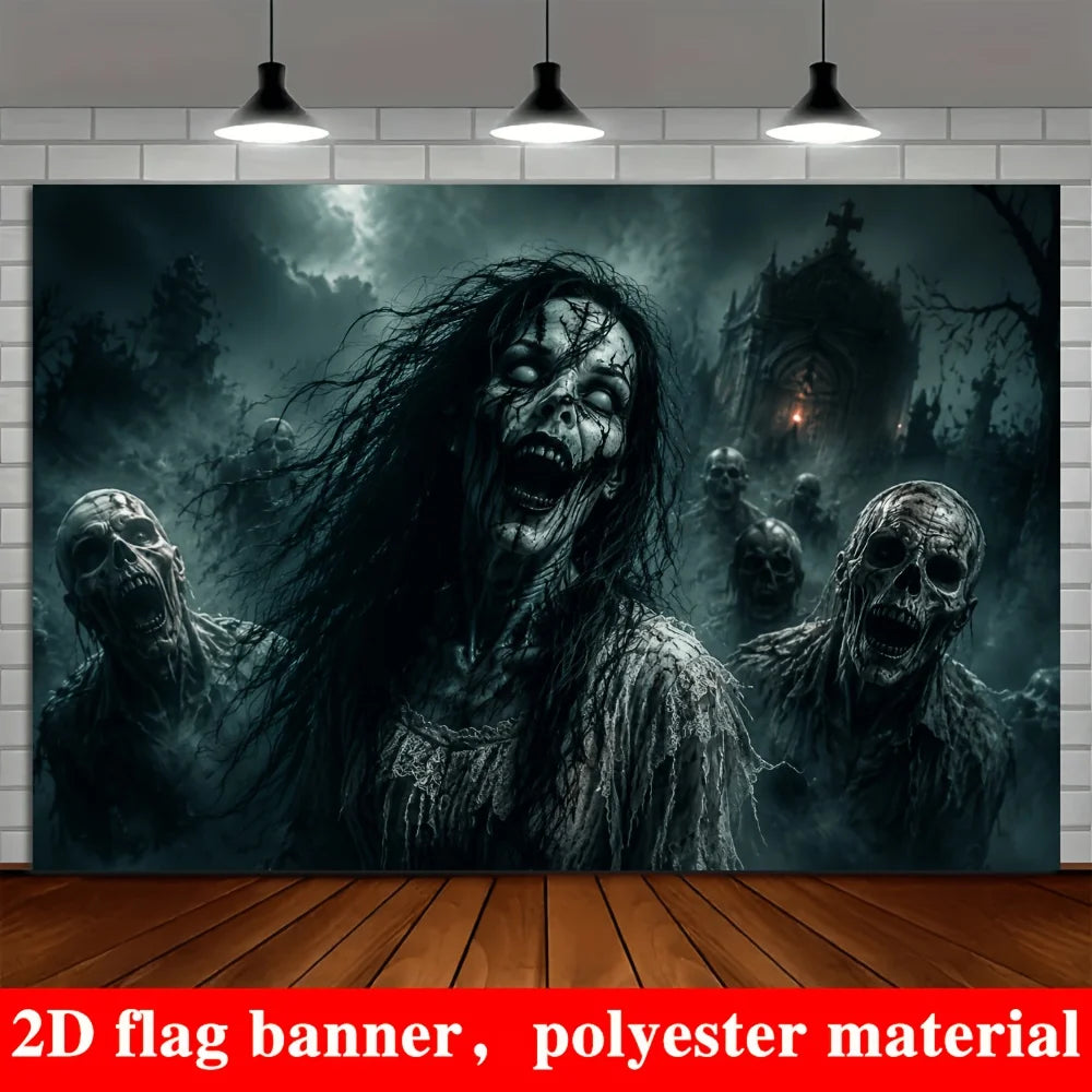 Halloween zombie-themed background, suitable for theme parties, escape room setups, studio decorations, and outdoor gatherings.