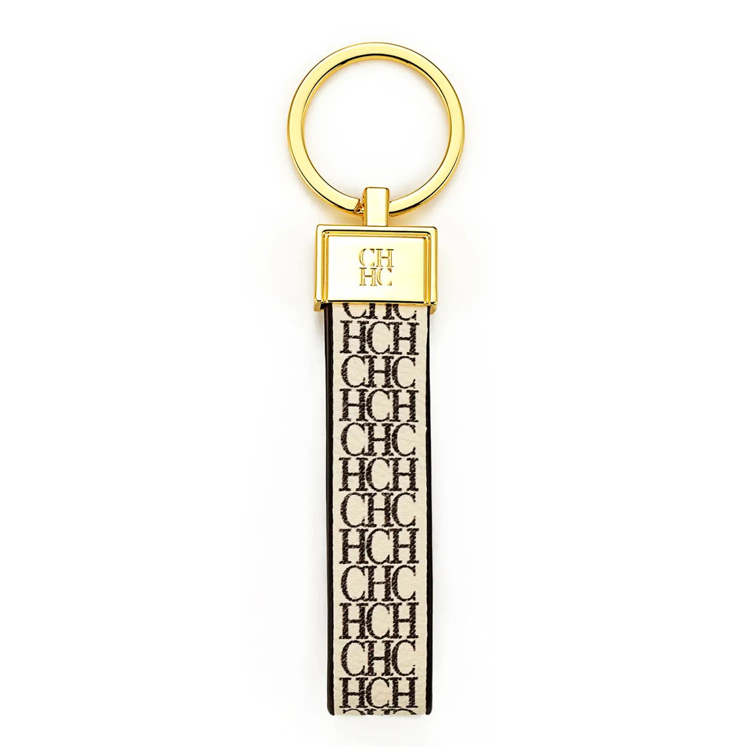 Gold-toned leather logo keychain with a rectangular beige strap featuring a repeating black chc monogram lettering ideal as a designer fashion accessory gift.