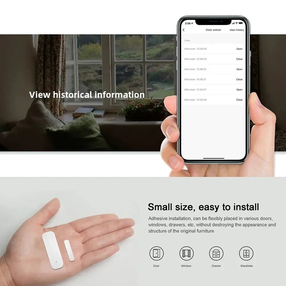 Capteur de fenêtre de porte Zigbee adhésif blanc à la conception compacte et minimaliste pour une installation facile sur les portes et les tiroirs, compatible avec Google Assistant et le contrôle des scènes intelligentes.