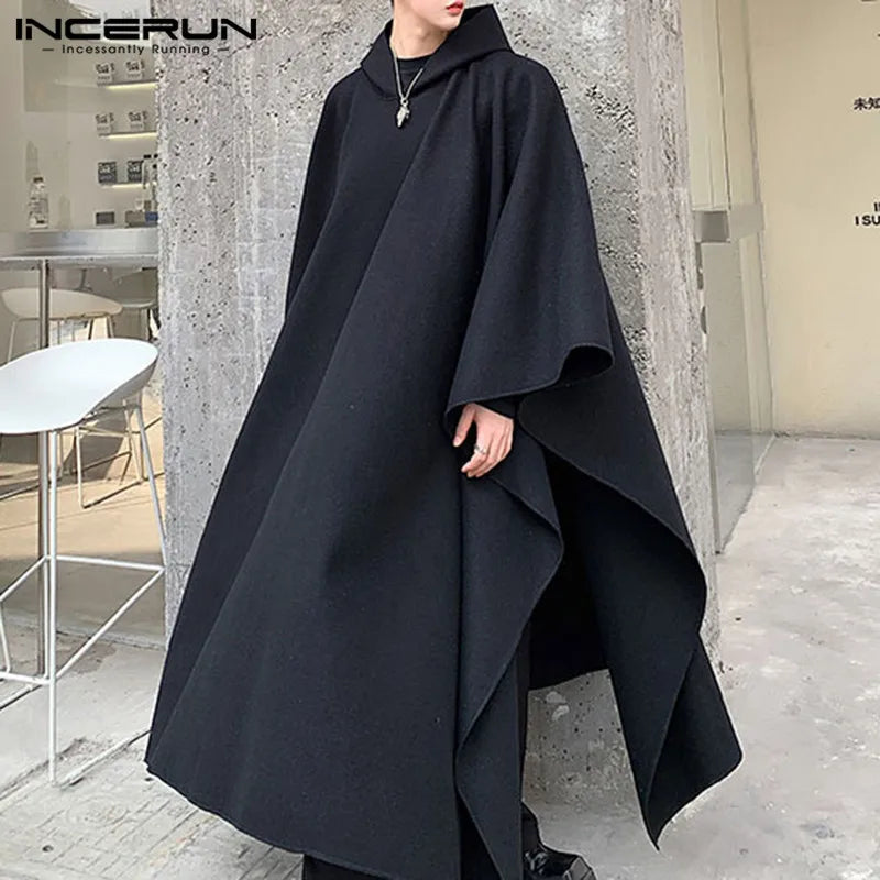 INCERUN Fashion Men Cloak Coats Solid Color Loose Hooded Streetwear 2025 Men Long Style Trench Windproof Winter Cape Jackets Men