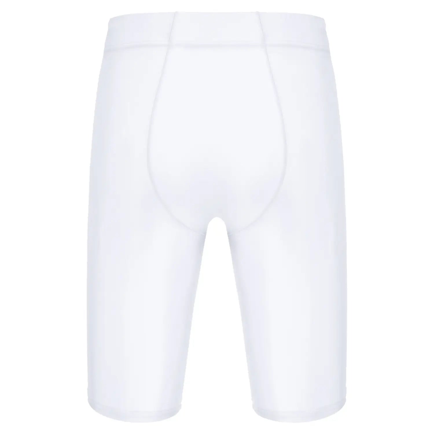 Shorts de compresión blancos ajustados, con diseño suave y sin costuras, presentados junto con una camiseta de compresión para hombre de manga larga y acabado brillante