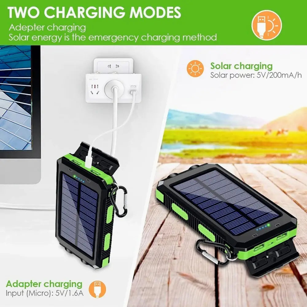 solar power bank 20000mah rugged portable charger in black and green with a solar panel surface and a carabiner clip for outdoor use.