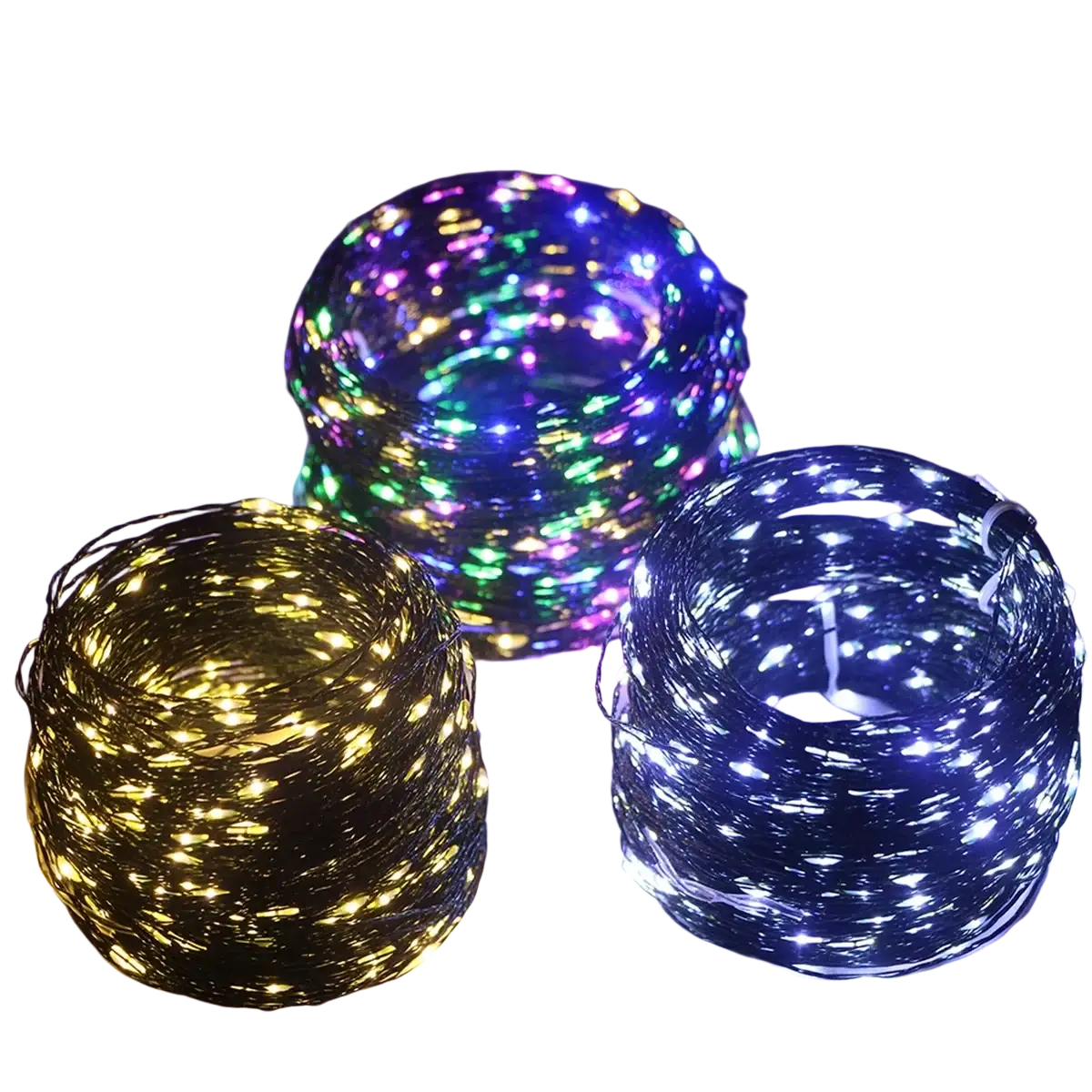 Coiled LED string lights in warm yellow white and multicolor on green copper wire for outdoor garden and party decor